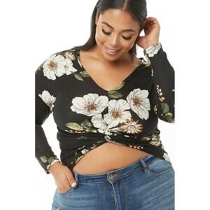 FOREVER 21 Twisted Floral High Low Top Size‎ 2X Black Long Sleeve Blouse Crop